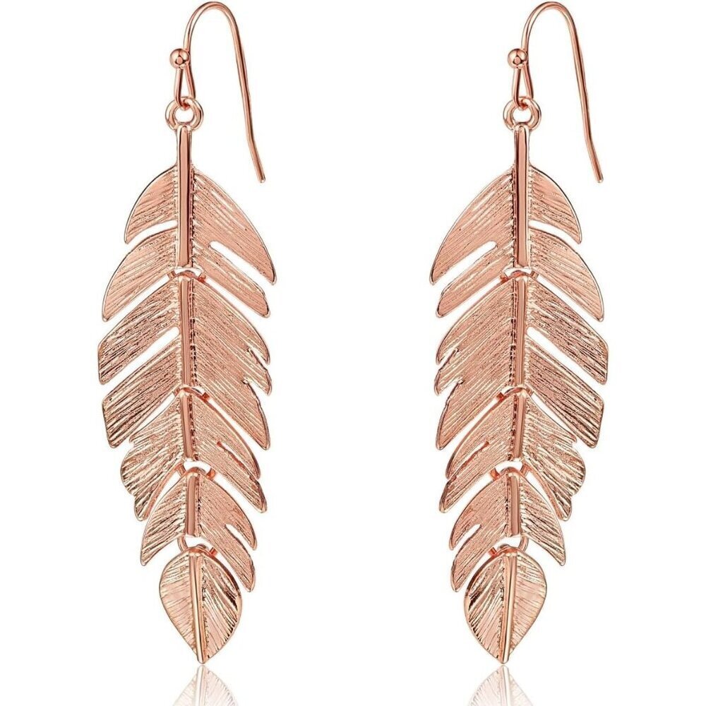 Women's Leaf Long Hanging Boho Humble Chic Plated Metal Rose Gold Earrings